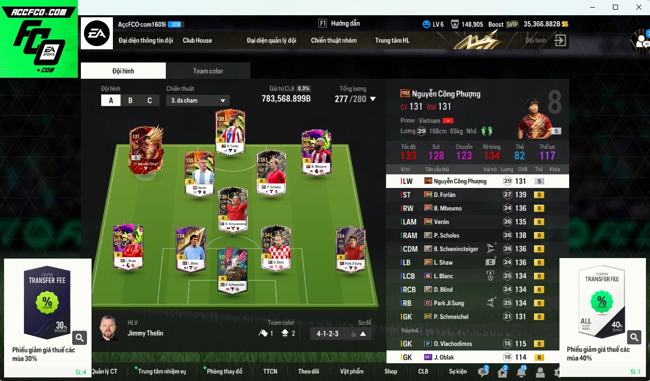 Man Utd. 783.560b dư 35.000b có Forlán JNM, Schweinsteiger DC, Scholes DC, Công Phương PRIME+5, Shaw 23HW, Mbeumo 23HW, Park CC, Verón JNM, Blind DC, Blanc HG... Dư 23.000 TC, HLV Xịn